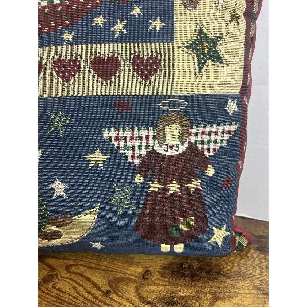 Vintage Christmas Tapestry Pillow Angels Moon Stars Folk Art Cottagecore Decor